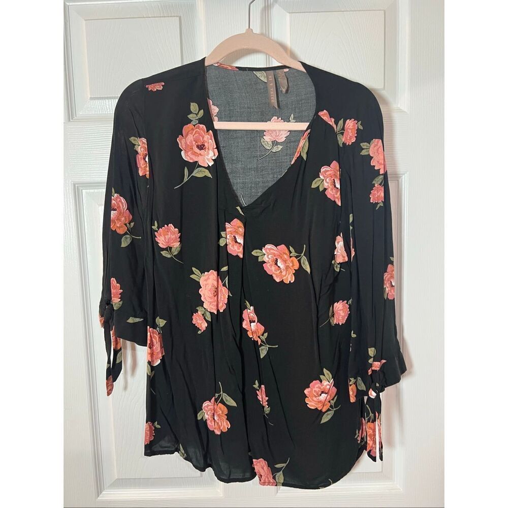 Brina & Em Black Floral Sheer Blouse | Tie Sleeve | Size L